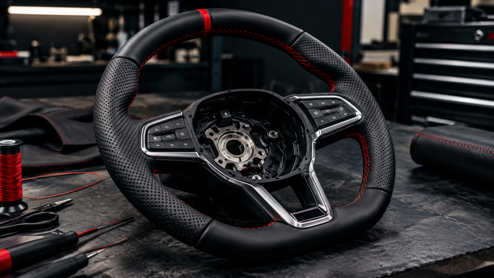 Custom steering wheel in automotive workshop